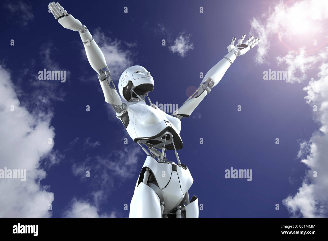 Female humanoid robot with arms upraised to the sky in exaltation Stock Photo