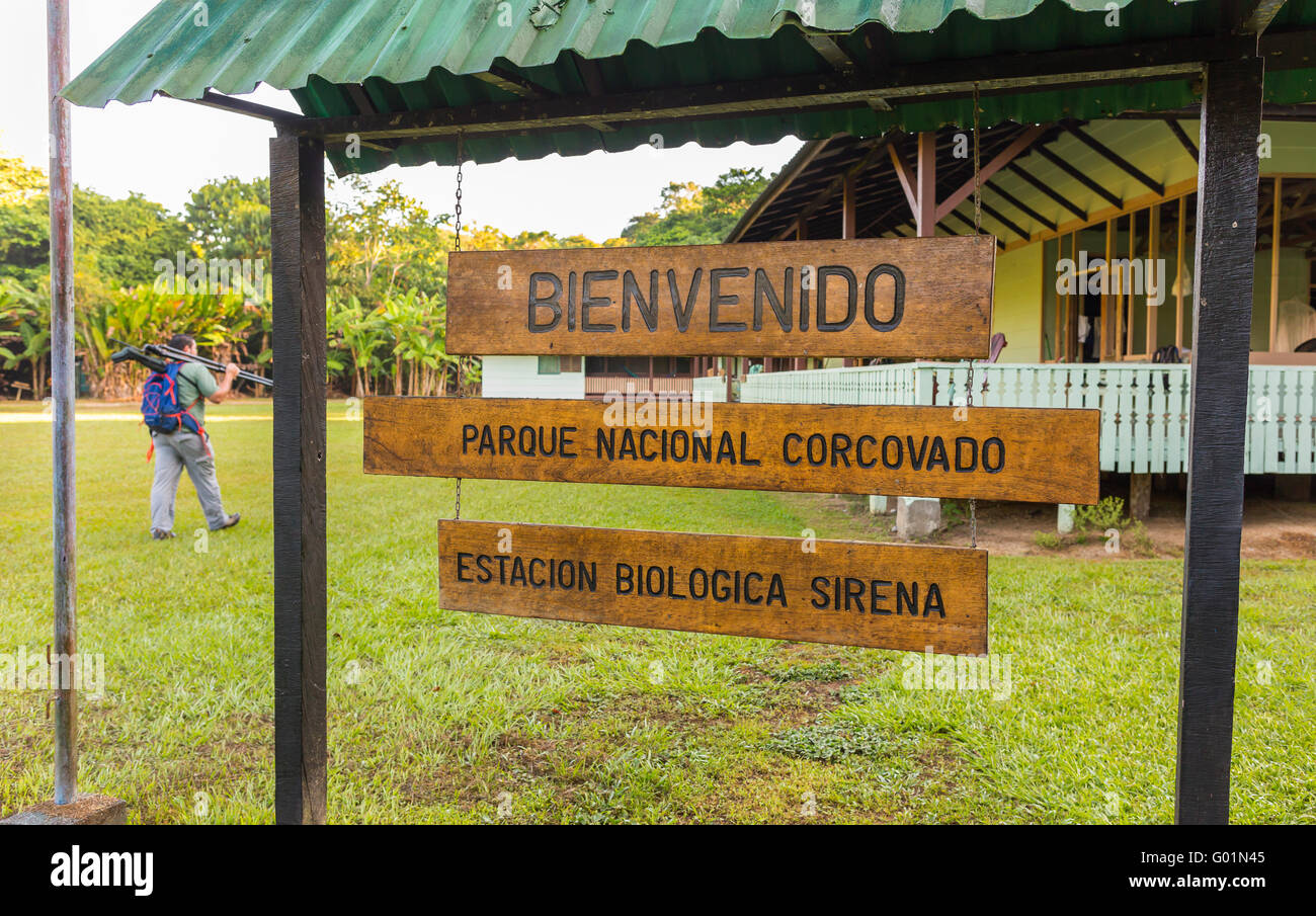 CORCOVADO NATIONAL PARK, COSTA RICA - Welcome sign at Sirena Ranger Station, Osa Peninsula. Stock Photo