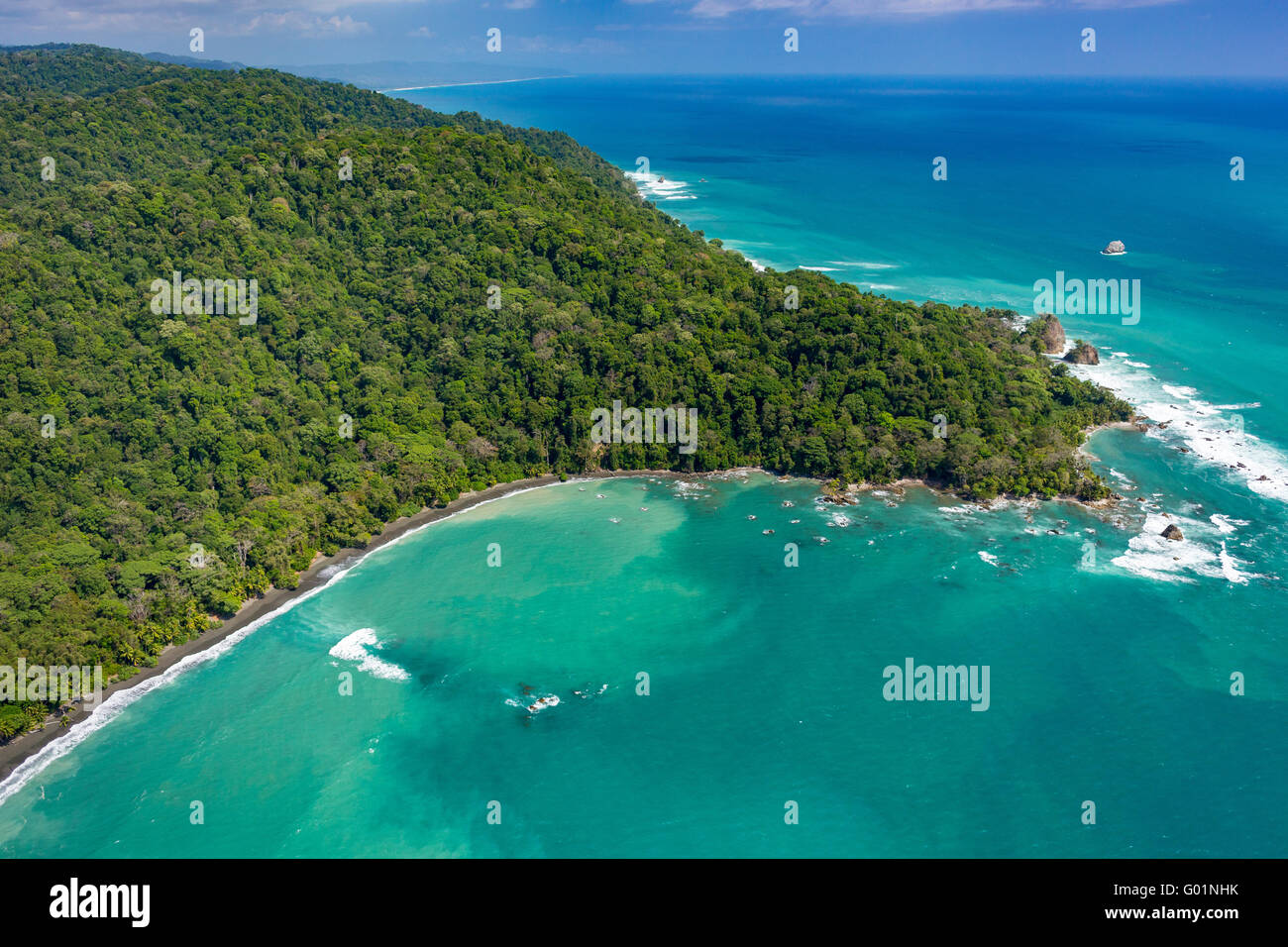CORCOVADO NATIONAL PARK, COSTA RICA - Aerial of Osa Peninsula rain forest and the Pacific Ocean. Stock Photo
