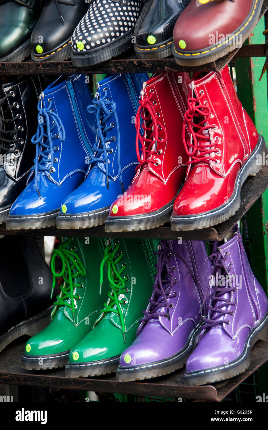 Coloured Docs Dr Martens boots Camden Market London England UK Stock Photo