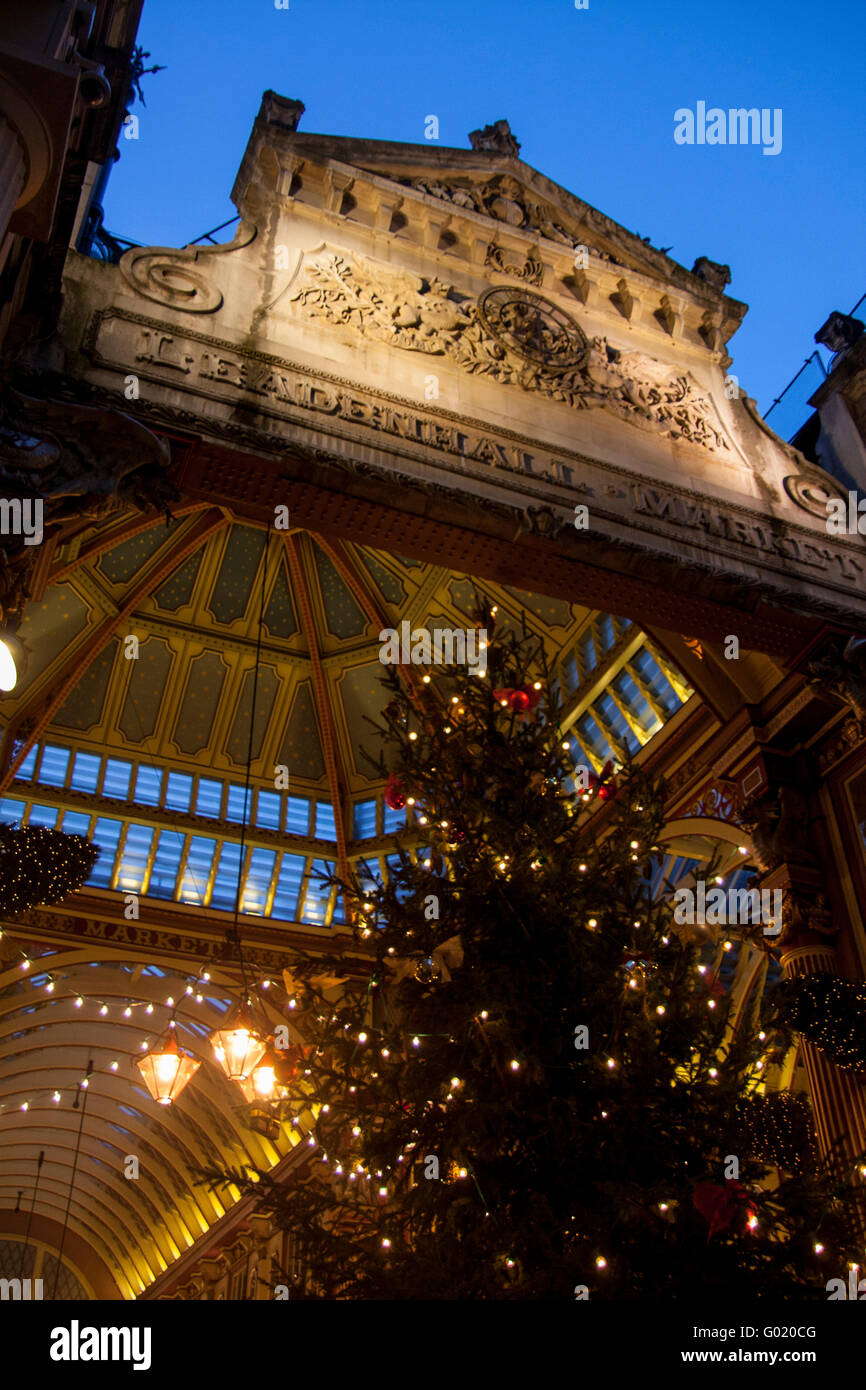 Leadenhall Market entrance with Christmas tree at night City of London England UK Stock Photo