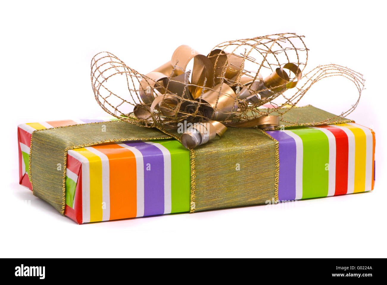 Gift box with golden bow on a white background Stock Photo - Alamy