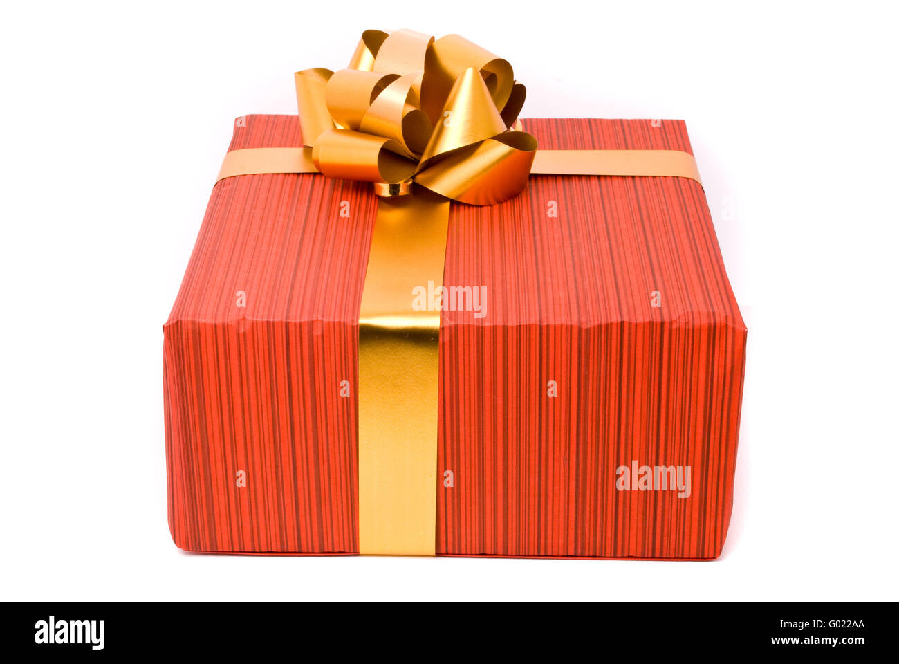 Red gift box with golden bow on a white background Stock Photo - Alamy