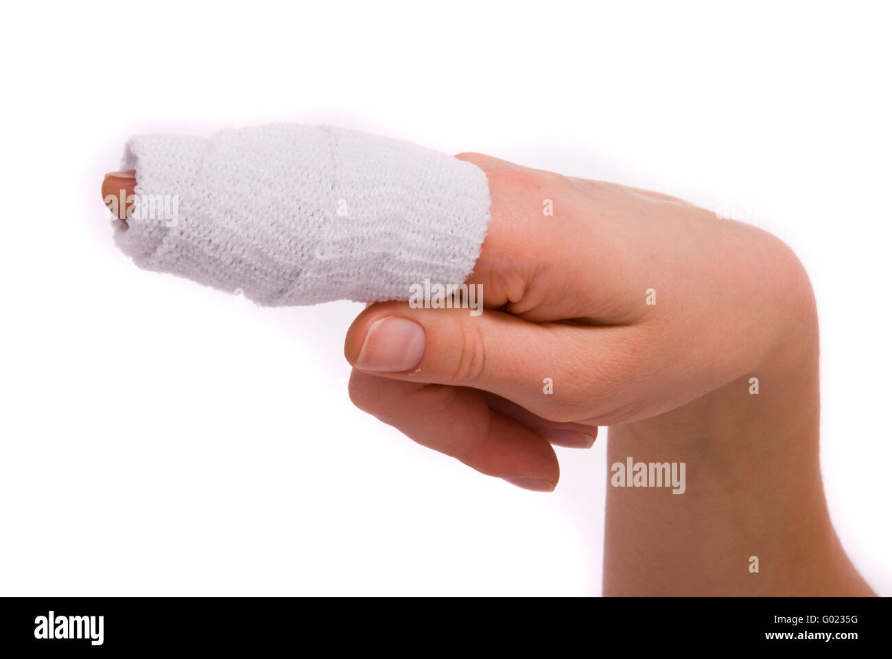 White medicine bandage on human injury hand finger Stock Photo