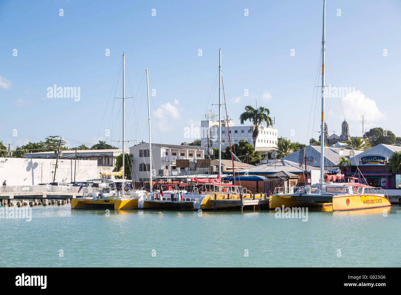 Catamarans in harbor on Antigua Stock Photo