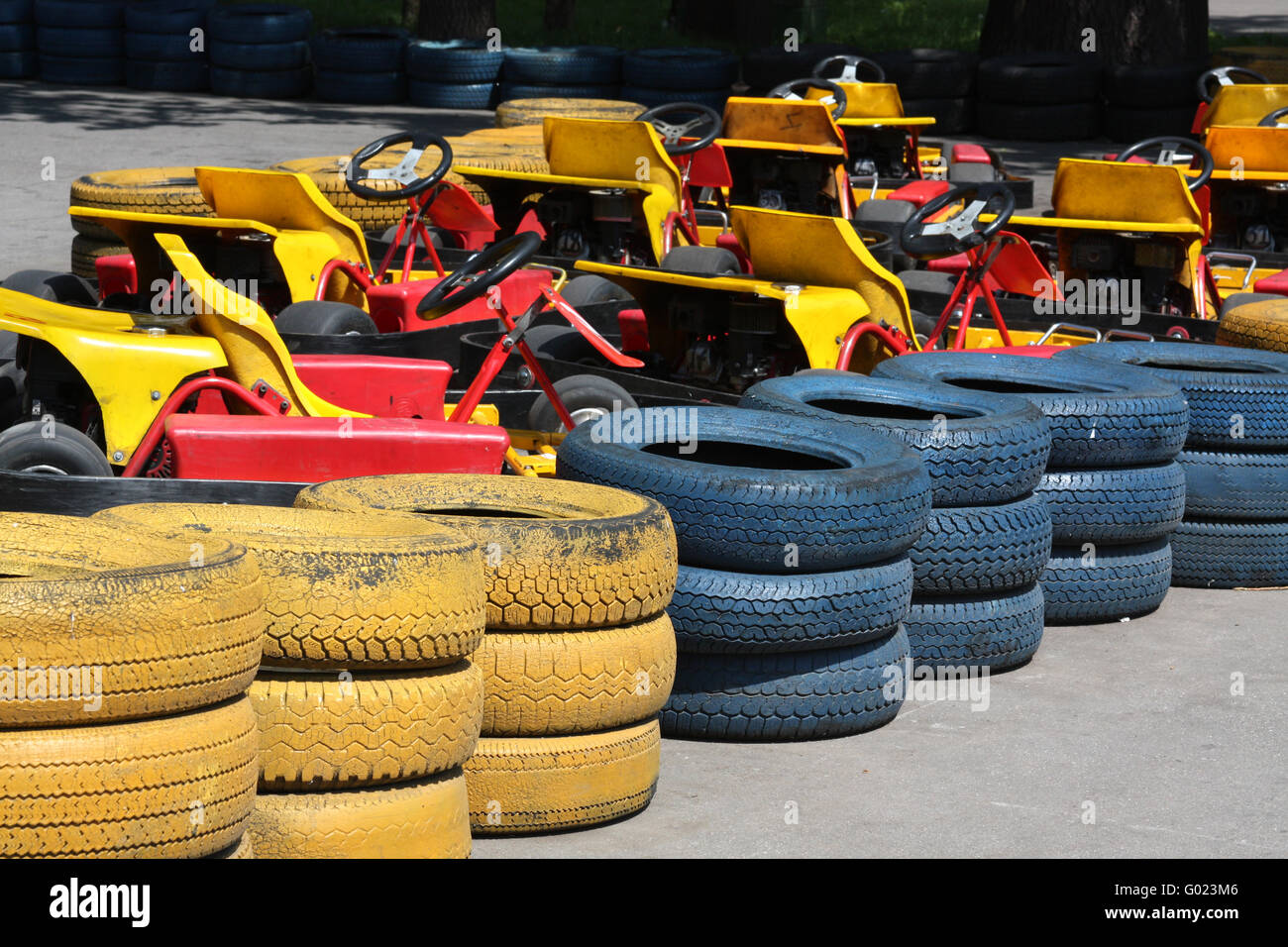 Fence of old tires at the track for go cart Stock Photo