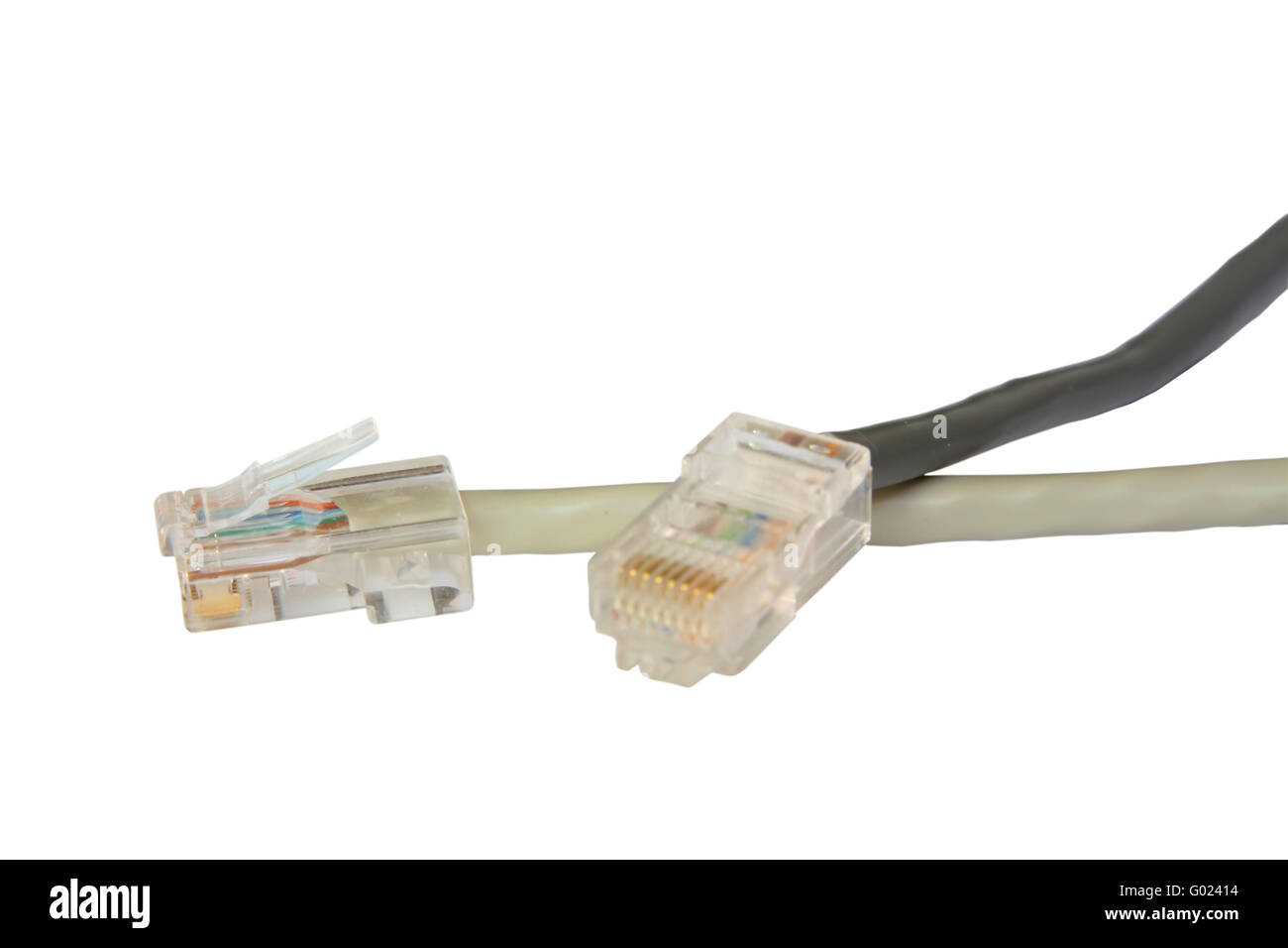 Two computer Network Cables. RJ45 plugs. Isolated on white Stock Photo