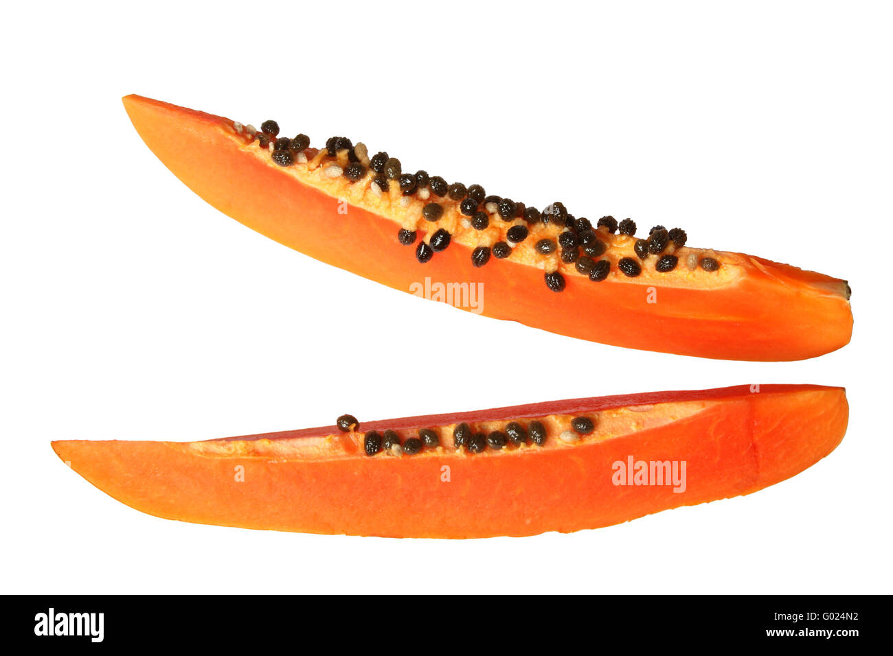 Close-up of two papaya slices. Isolated on white Stock Photo