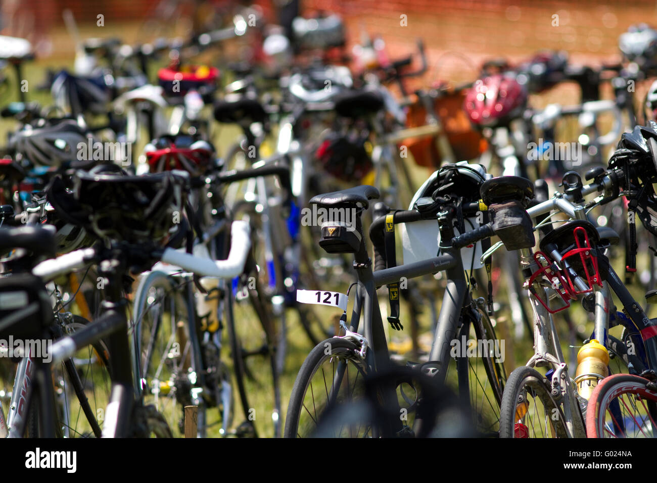 Bikes in transition area Stock Photo