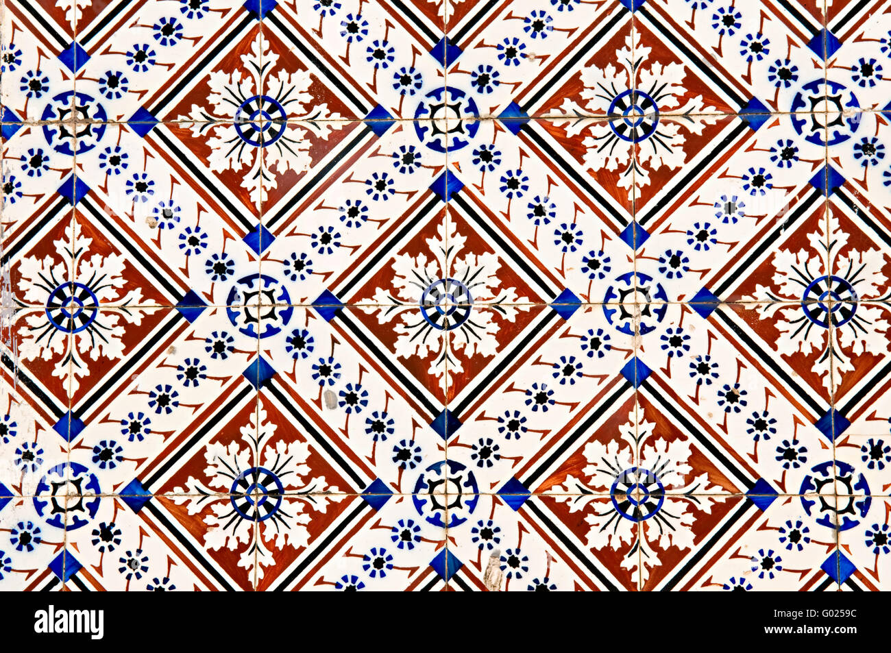 The abstract pattern of Portuguese painted tiles with interesting designs Stock Photo