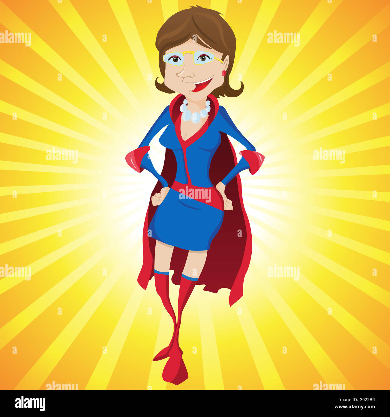 Super Woman Mother Cartoon with Yellow Background. Stock Photo