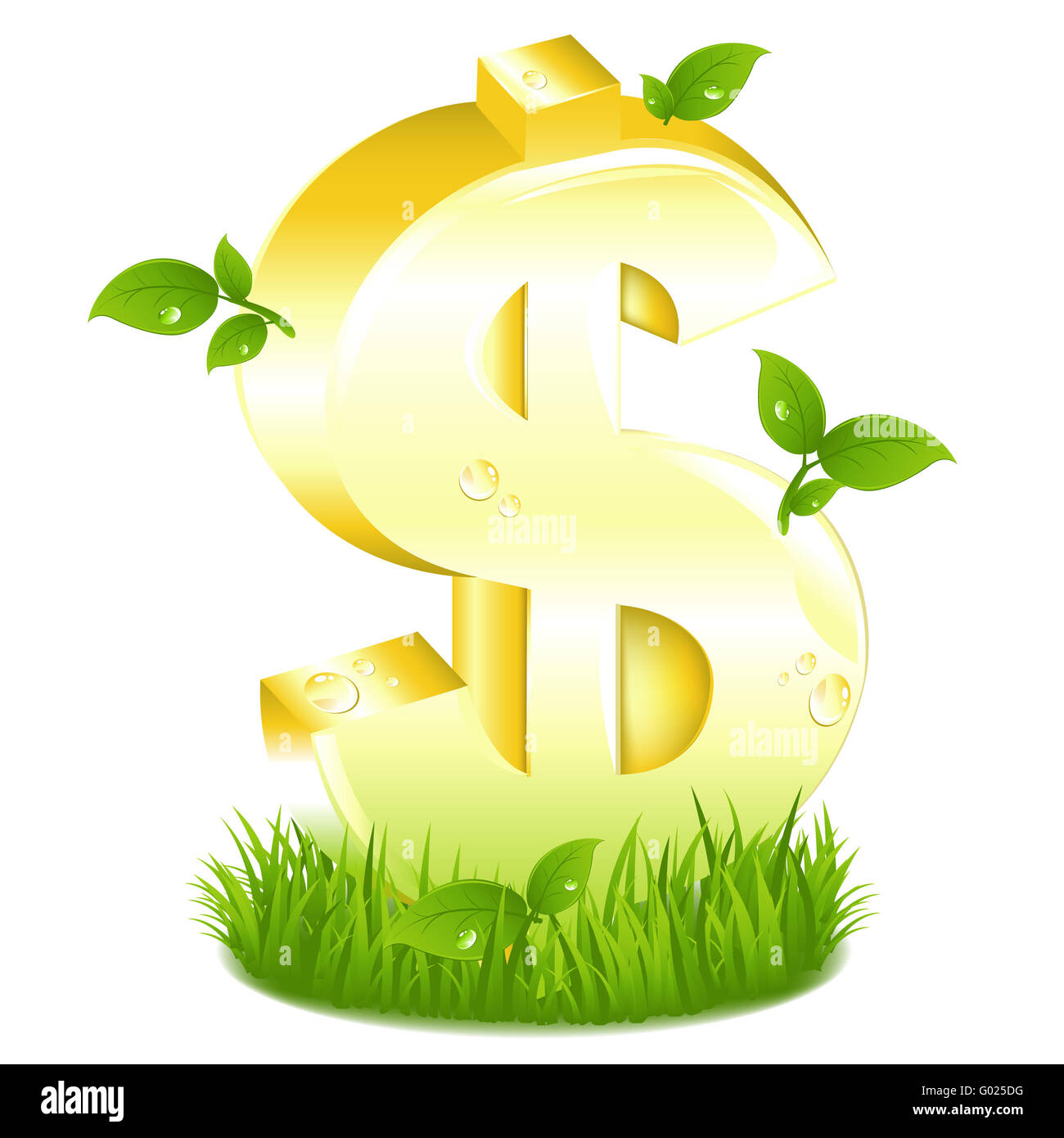 Golden Dollar Sign With Green Leaves In Grass Stock Photo