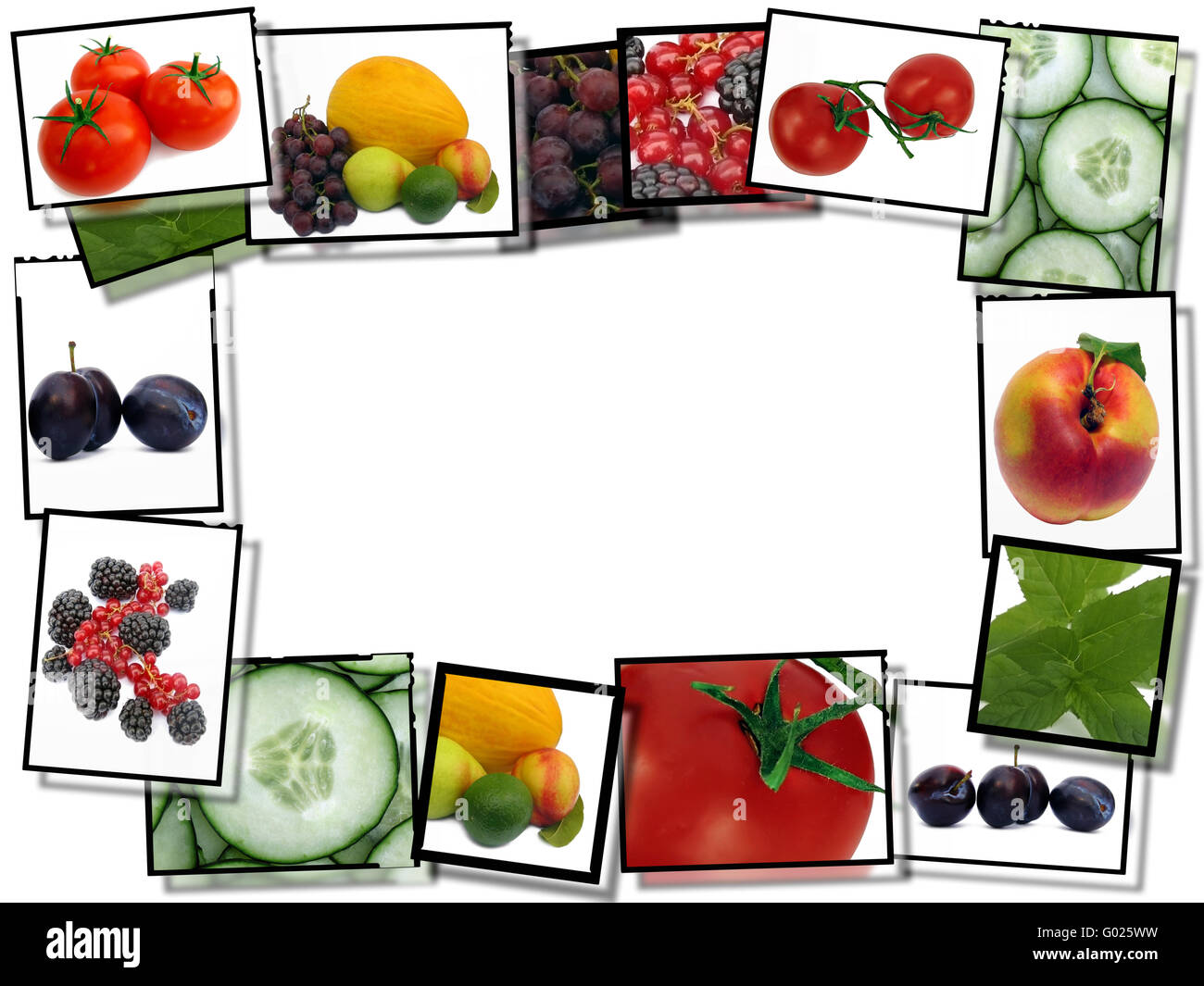 film frames with fresh healthy food images,   border  on white background with copy space Stock Photo