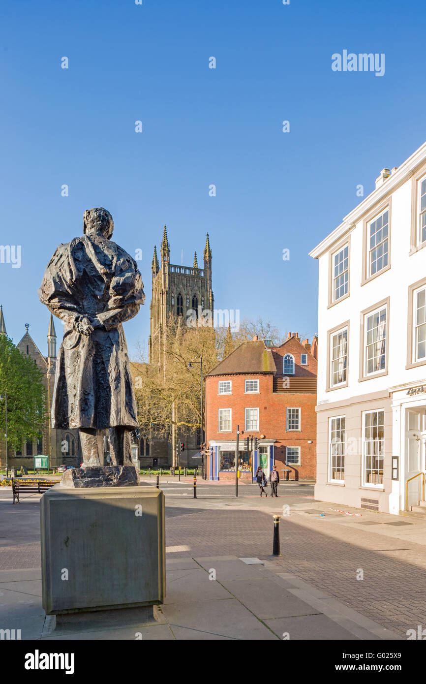 The statue of Sir Edward William Elgar looking towards Worcester Cathedral, Worcestershire, England, UK Stock Photo