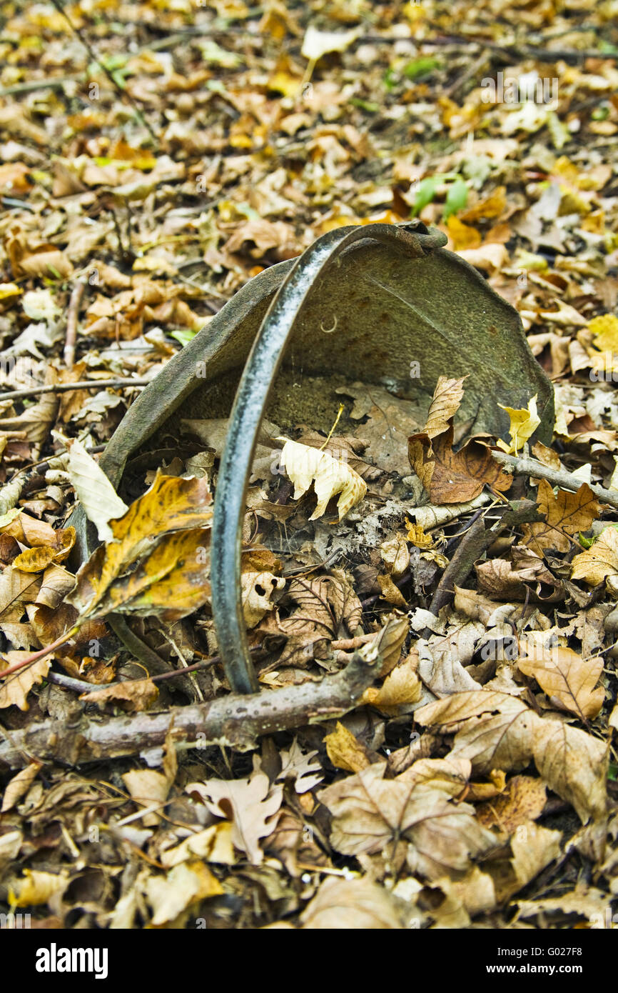 rusty bucket in a wood Stock Photo