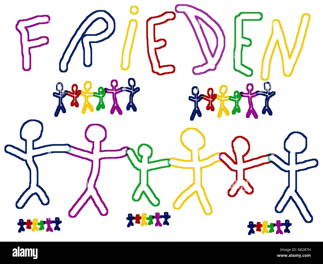 Children - drawing - writing peace and human chain Stock Photo