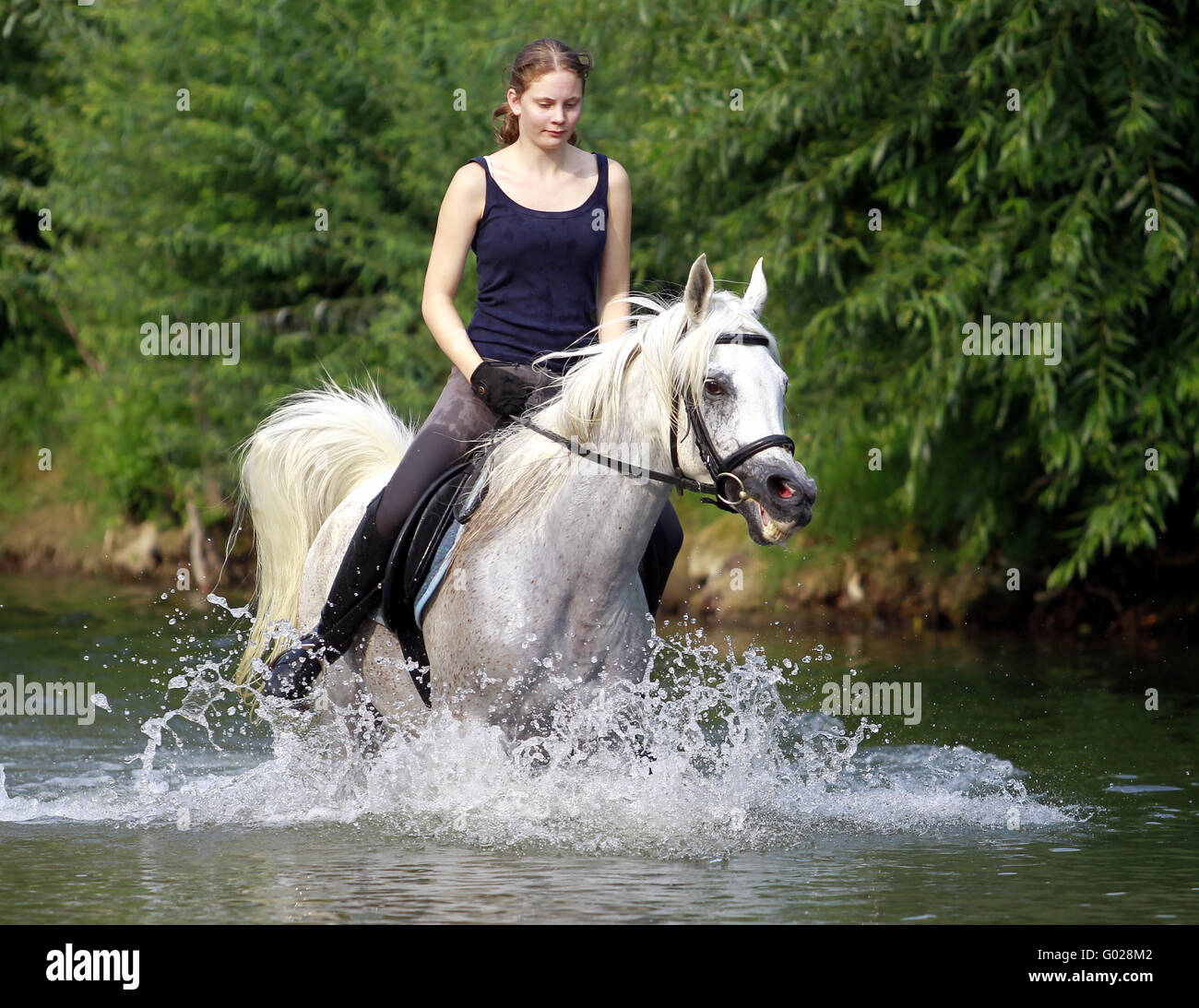 A young woman rides a horse in the water Stock Photo