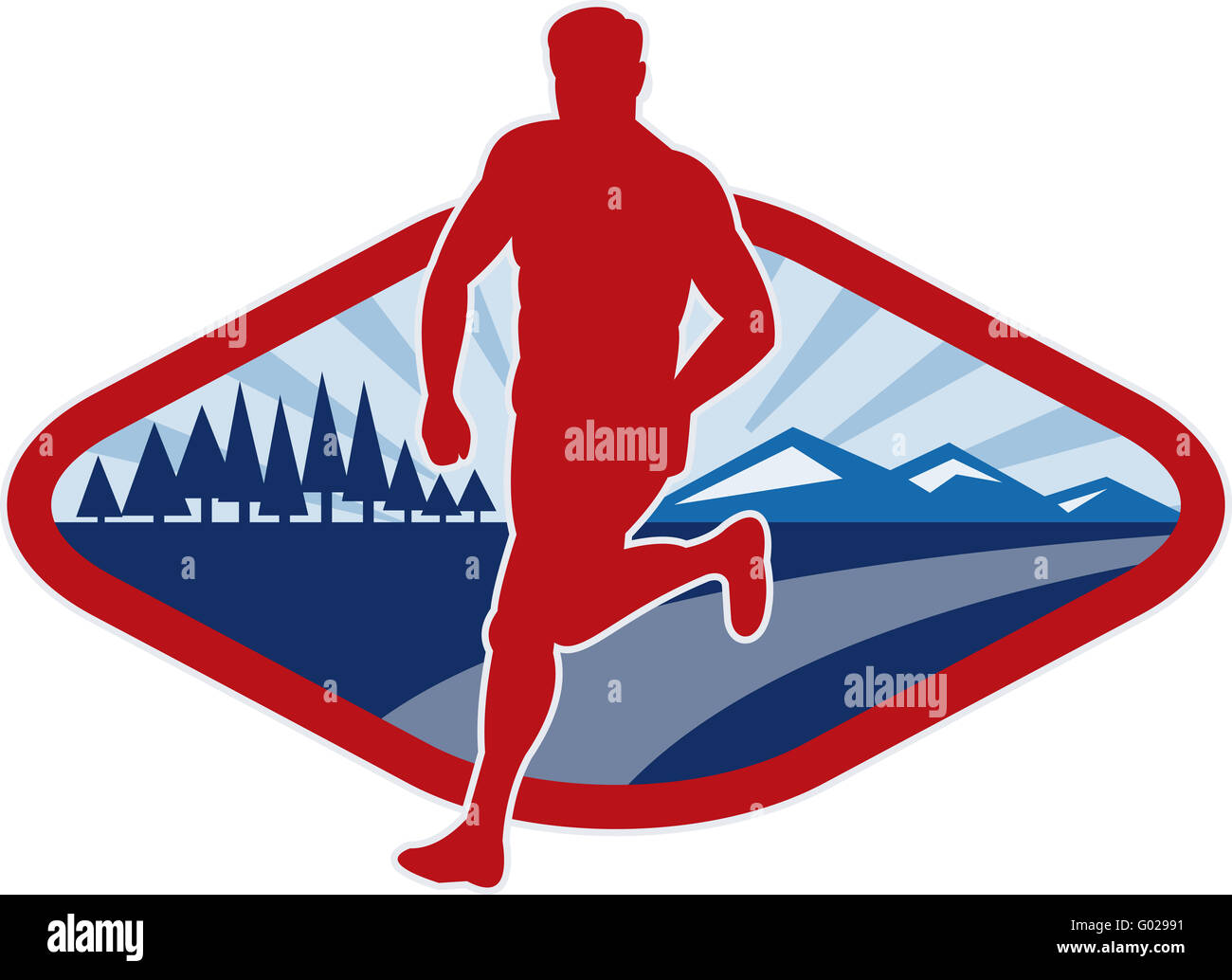 Cross country runner with landscape and sunburst Stock Photo Alamy