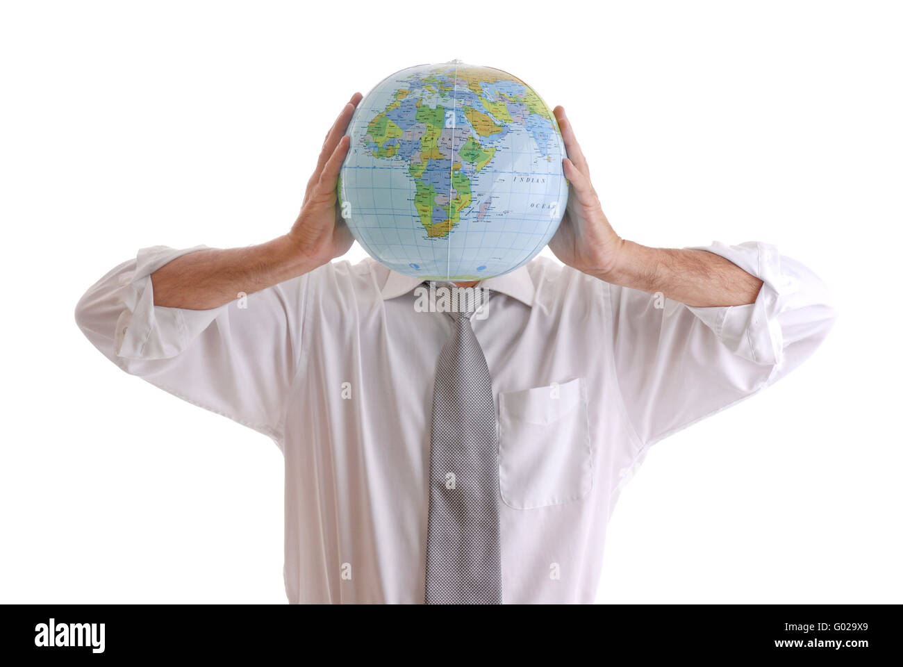 A Businessman is holding a Earth as a head Stock Photo