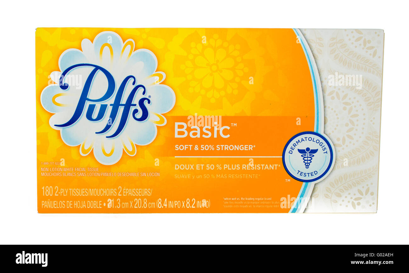 Winneconne, WI - 4 February 2015: Package of Pufss Basic facial tissue.  Puffs was first created in 1950's and didn't be cine na Stock Photo