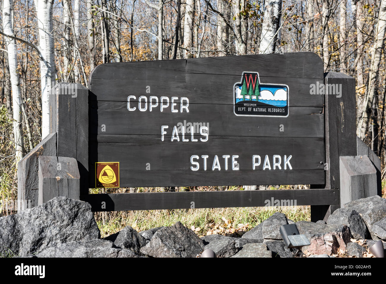 Copper Falls State Park sign at the entrance of the park. Stock Photo