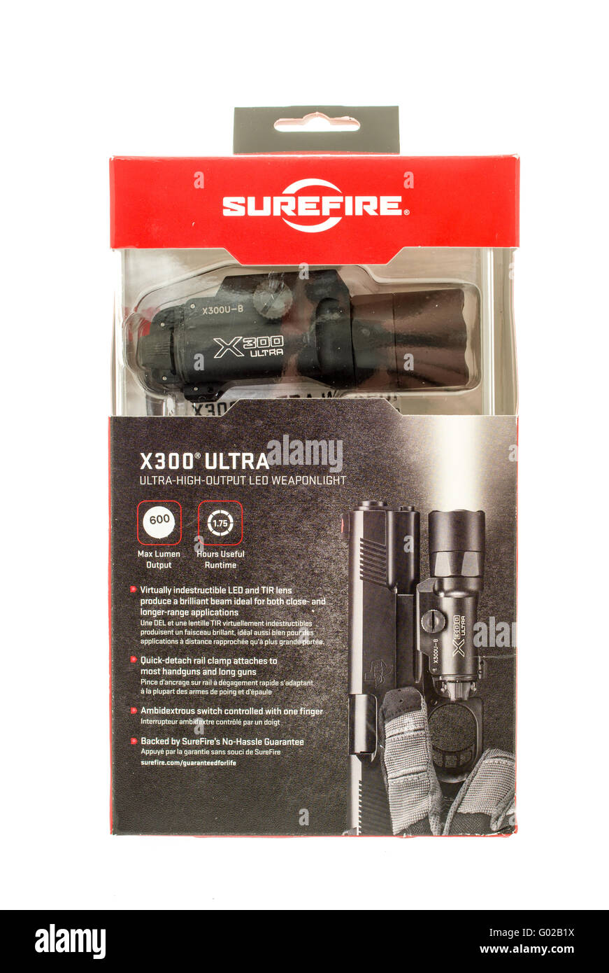 Winneconne, WI - 15 Jan 2016:  Package of a Surefire flash light that mounts to weapons that allow the user to see his target in Stock Photo