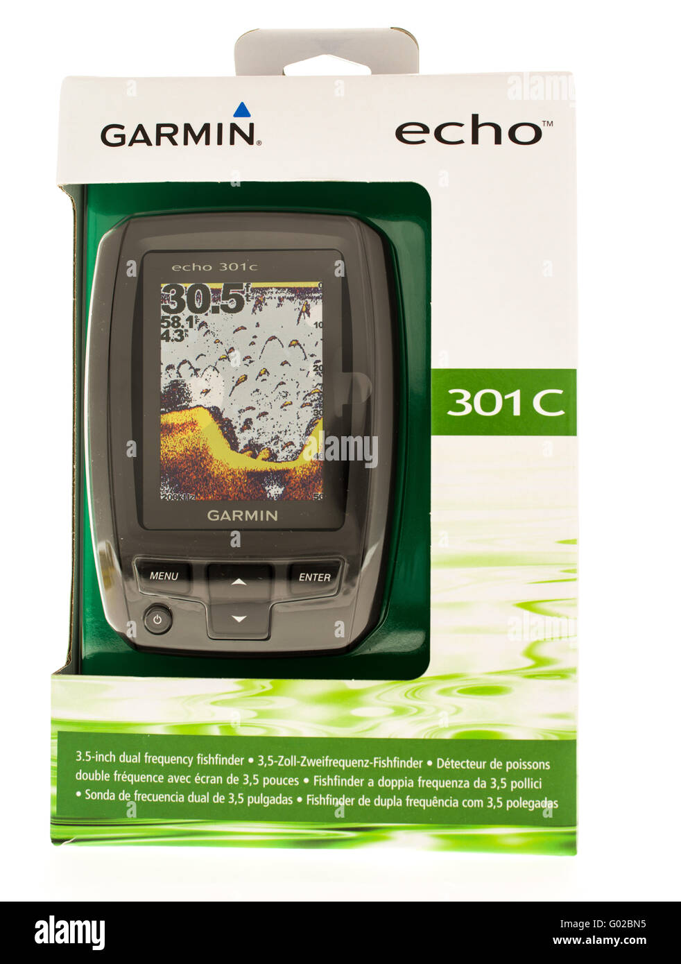 Winneconne, WI - 7 July 2015: Package of a Garmin fishfinder with GPS Stock  Photo - Alamy