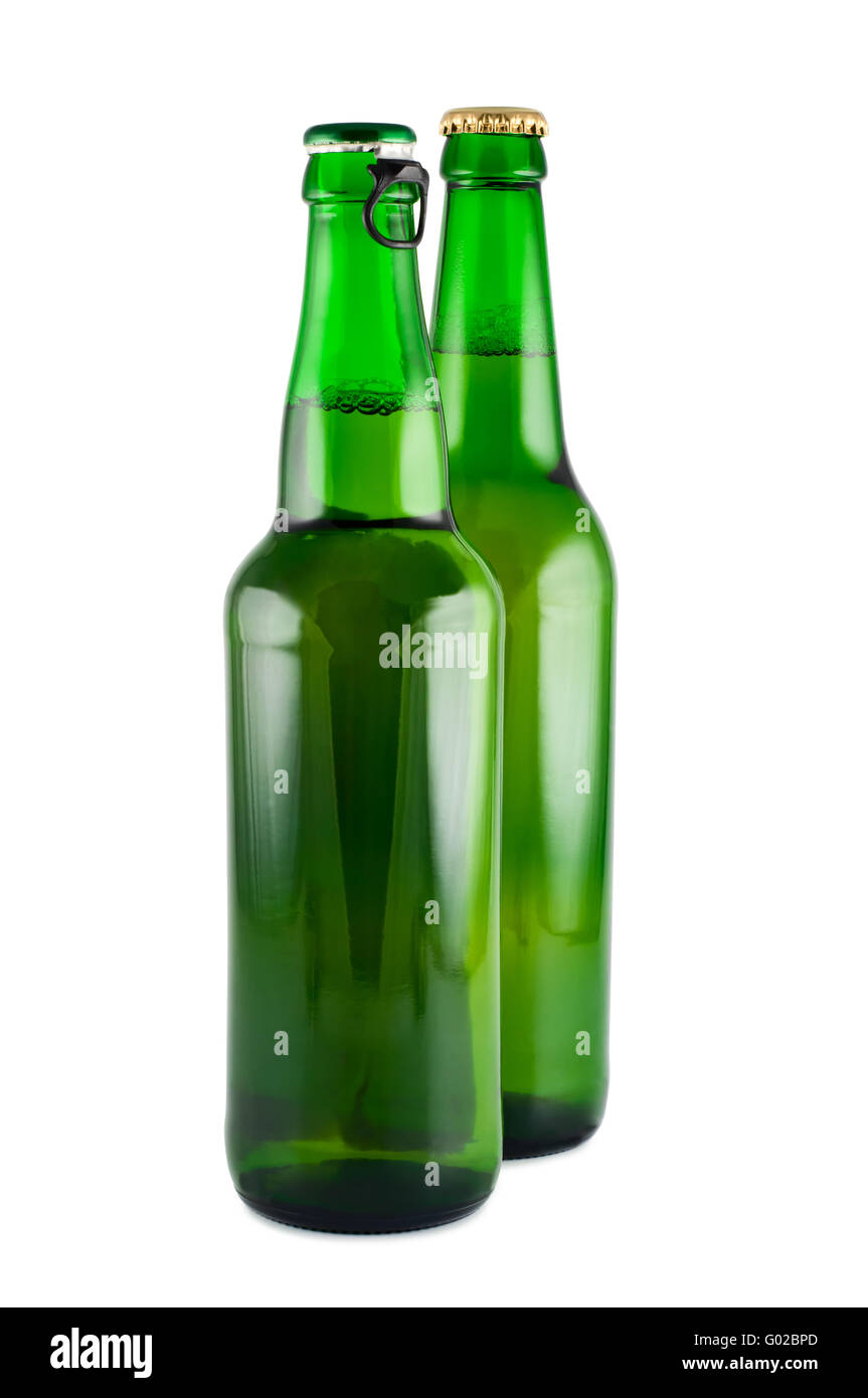 Two bottles of beer a picture in studio isolated on white. Stock Photo