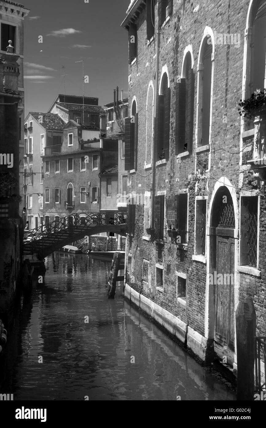 Typical Venetian canal scene Dorsoduro sestier Venice Veneto Italy Black and white B&W monochrome version Stock Photo