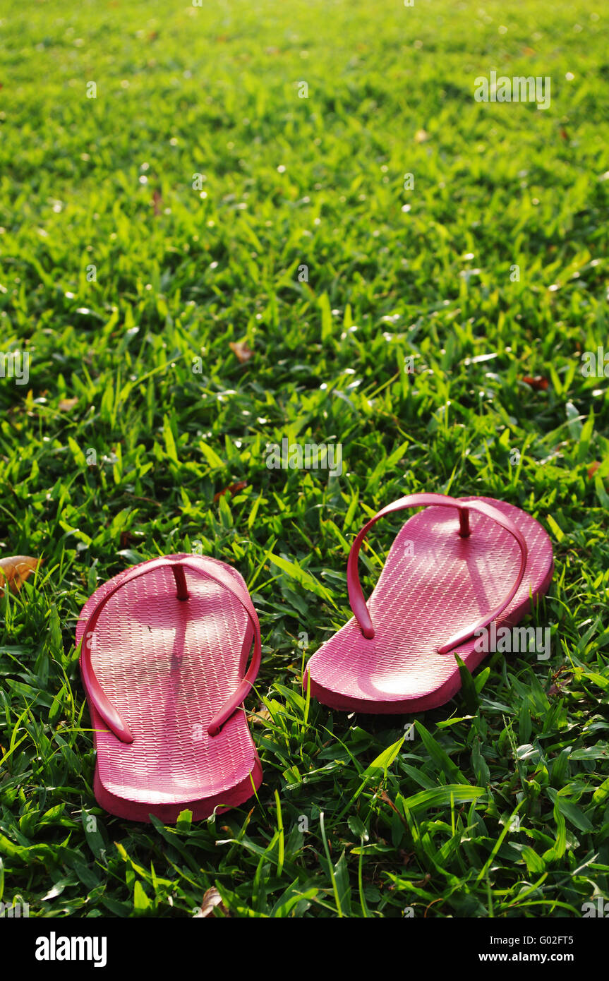 A pair of slippers are left on field of a relaxed day. Stock Photo