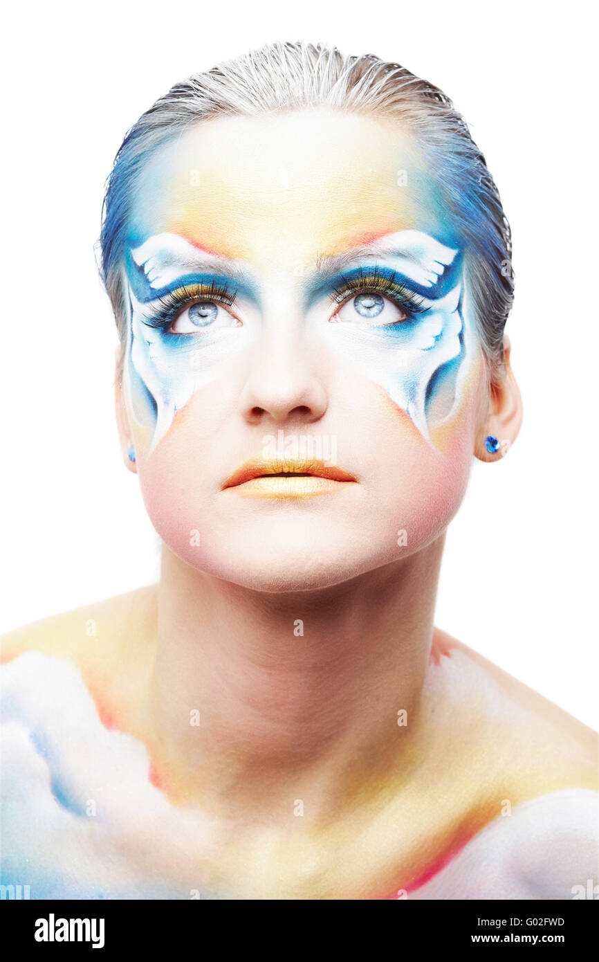 Portrait of beautiful model with butterfly body painting isolated on