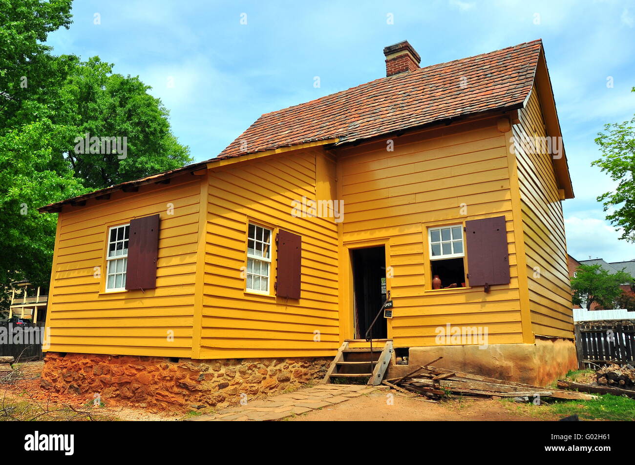 Old Salem, North Carolina 1771 colonial wood frame Miksch House with stone foundateion and