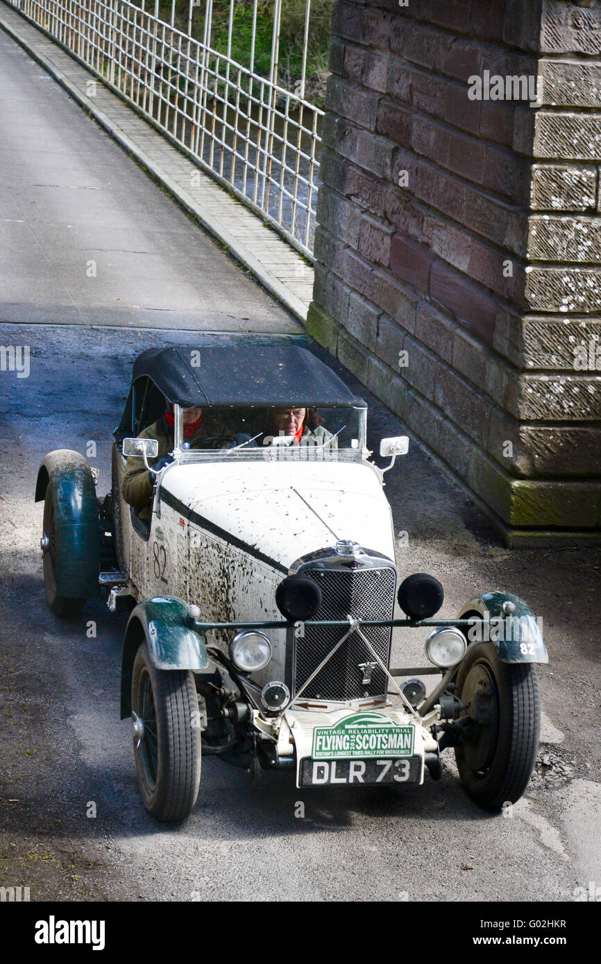 The 8th Flying Scotsman Rally crossing the Scottish Border over the Union Chain Bridge, Horncliffe, Northumberland. Stock Photo