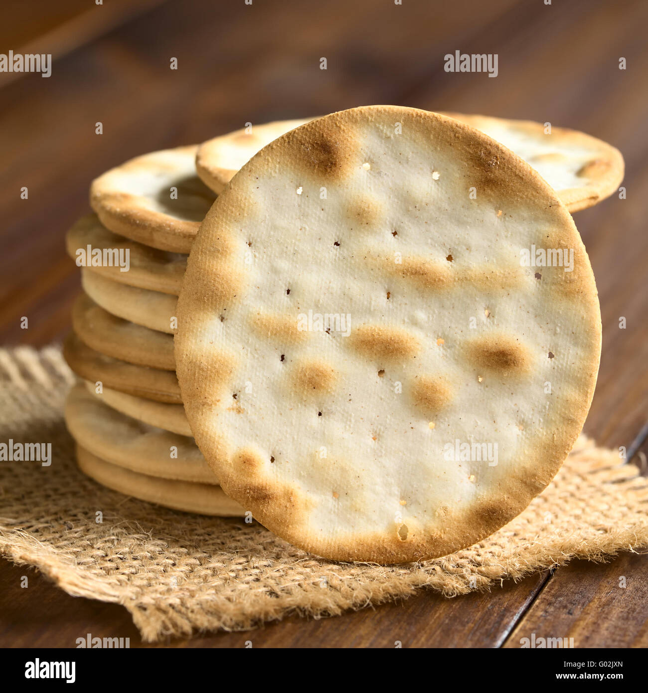 Saltine or soda crackers, photographed on dark wood with natural light (Selective Focus, Focus on the standing cracker) Stock Photo