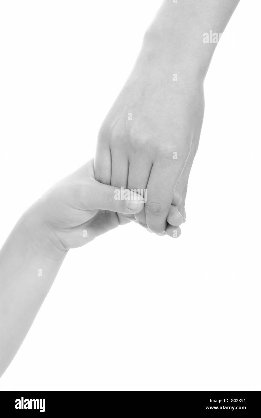 young woman and children girl handshake black and white isolated Stock Photo