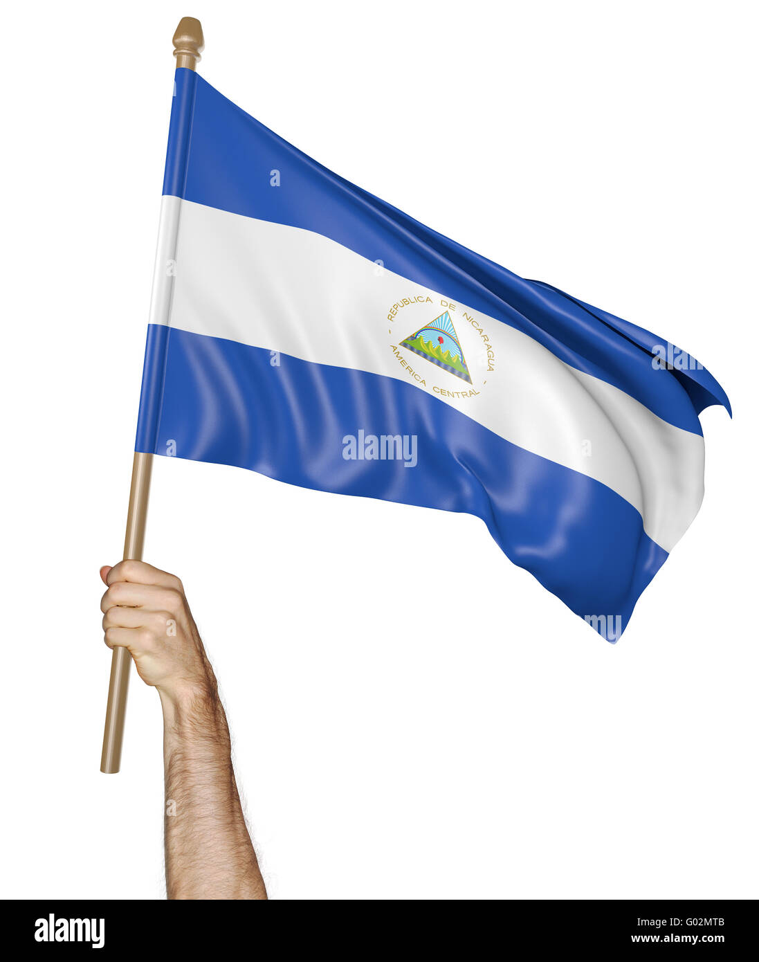 Hand proudly waving the national flag of Nicaragua, 3D rendering Stock Photo