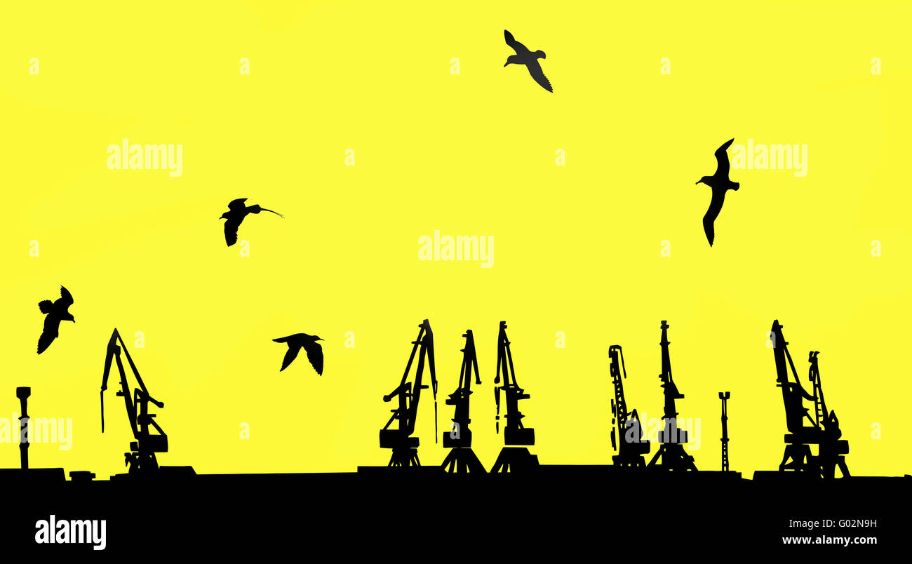 vector silhouette shipyard on yellow background Stock Photo
