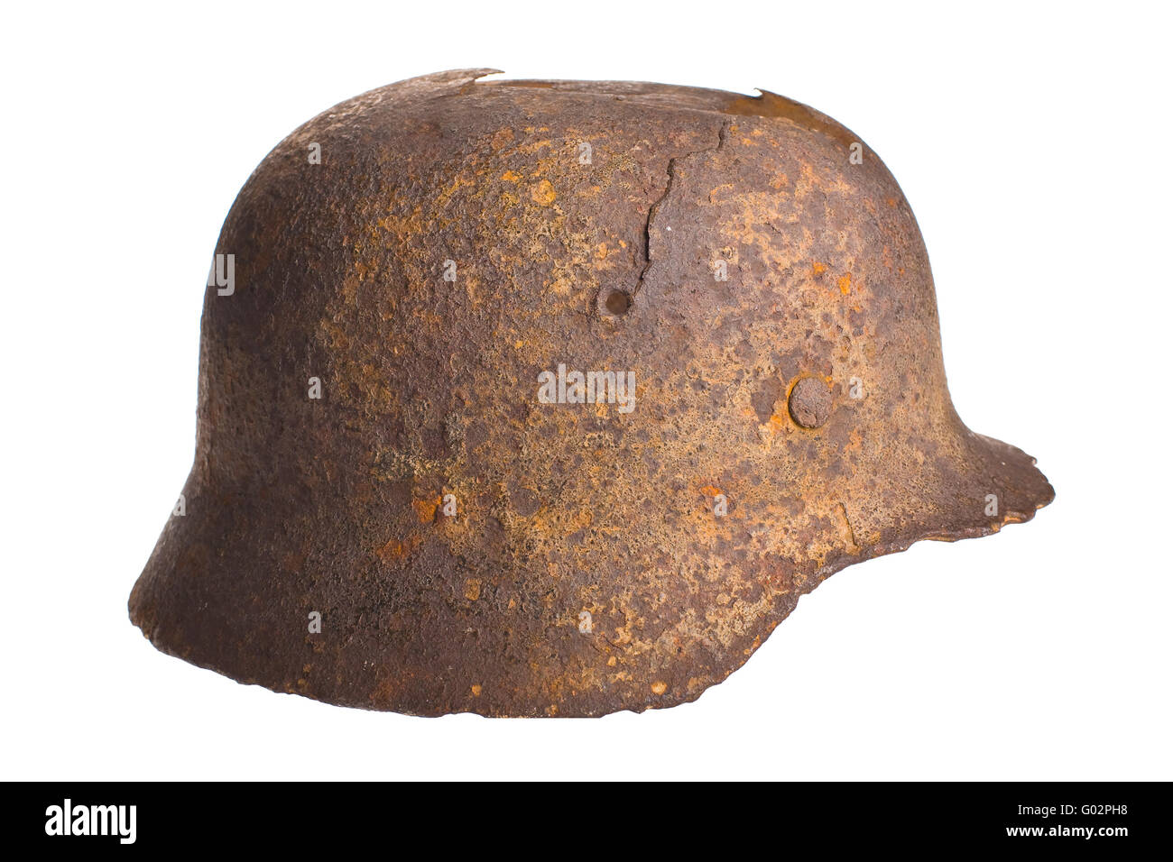 Old German fashists helmet of times of the second Great world war on a white background with clipping path. Stock Photo