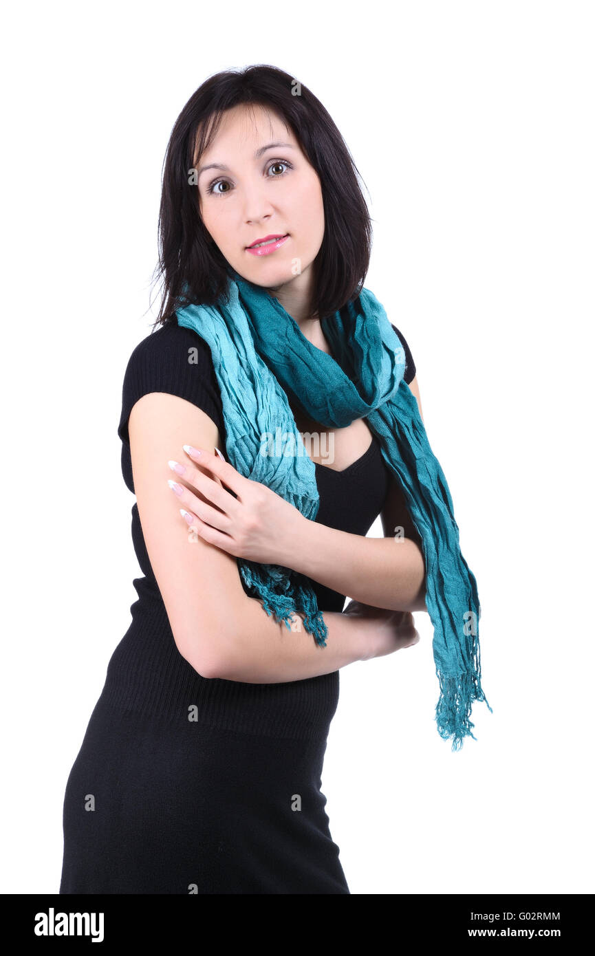 Girl in a black dress with a green scarf, isolated Stock Photo - Alamy