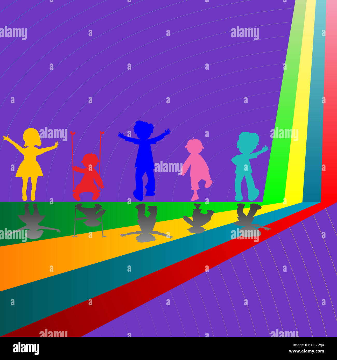 silhouettes of children playing on purple background Stock Photo