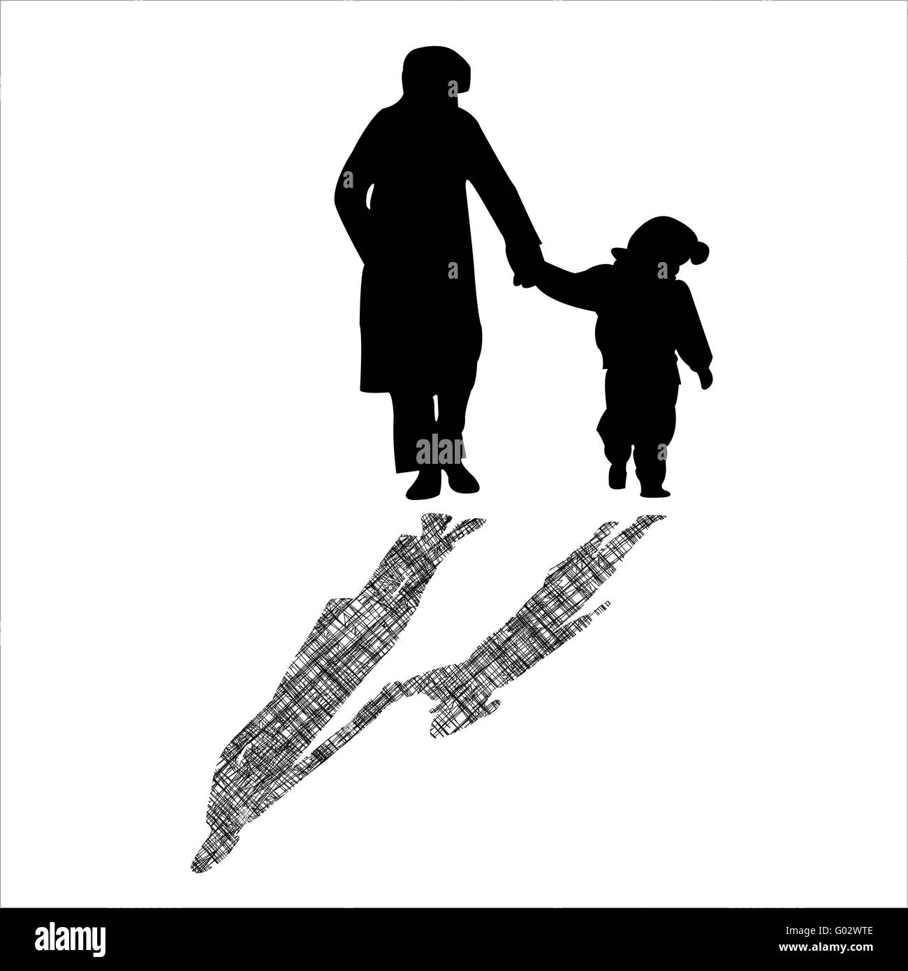 woman and child silhouettes with striped shadow Stock Photo