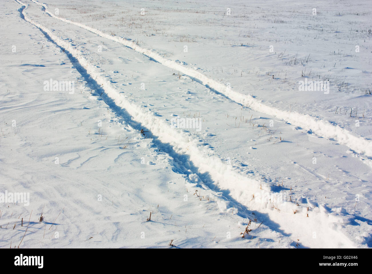 track of the cars in the snow in the field Stock Photo