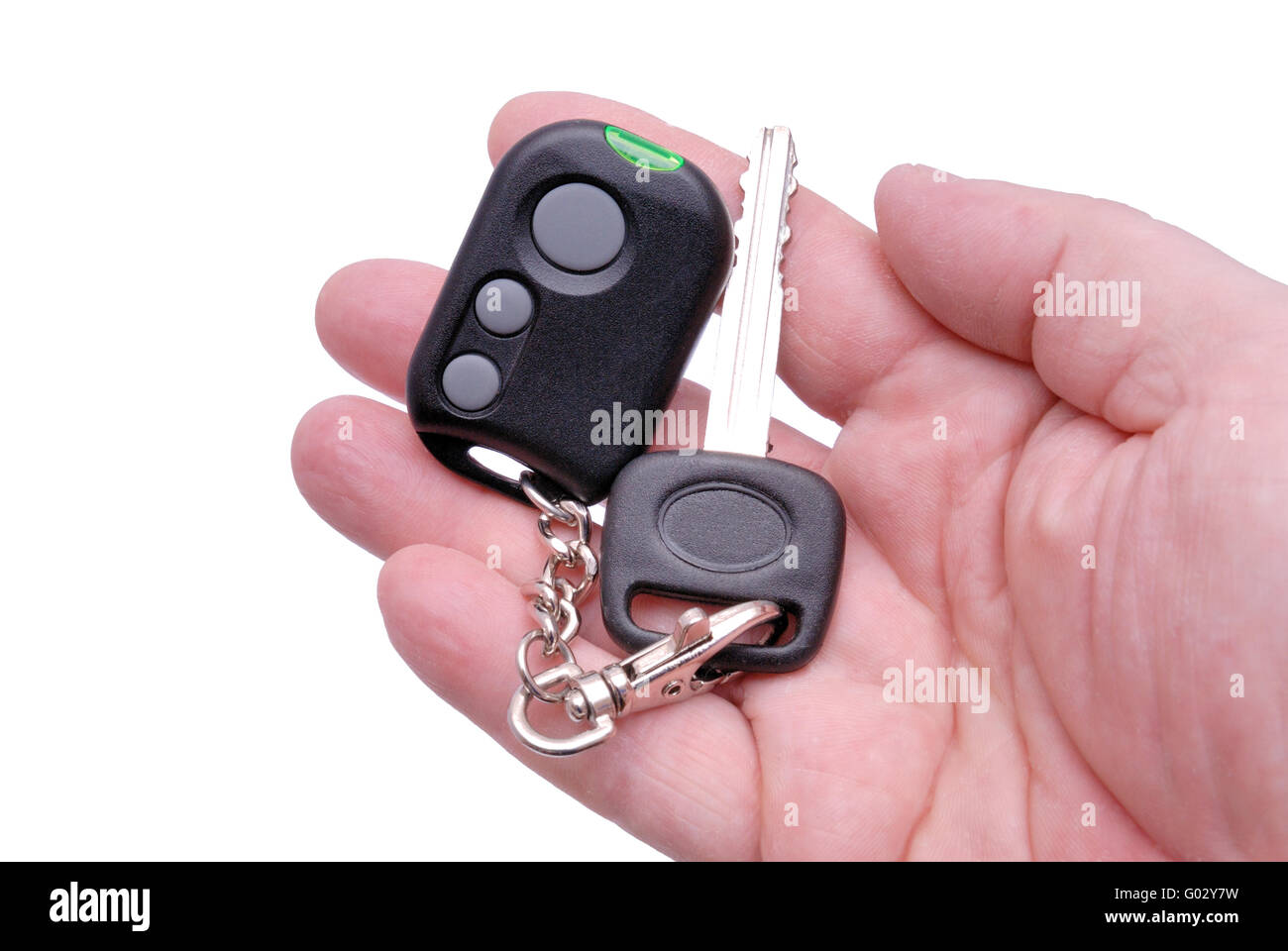 Automobile keys and remote control panel from the car alarm system in a hand. Stock Photo