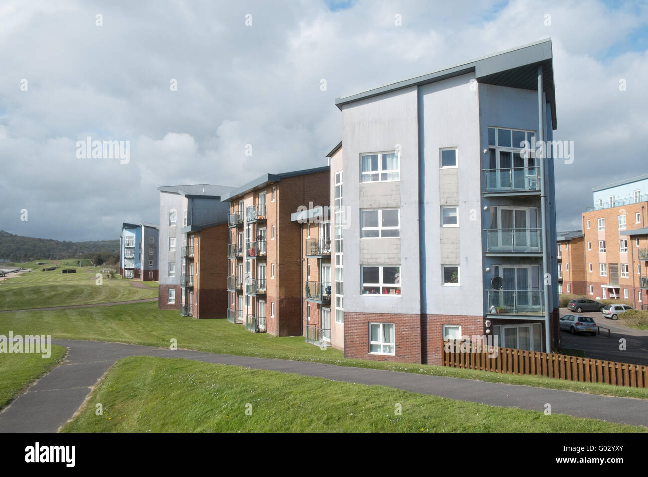 Apartments at the old dock at Llanelli's Millennium Quay.Llanelli beach