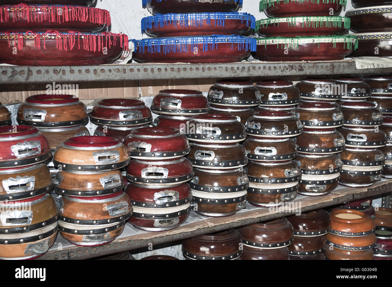 Stock of wooden traditional indonesian timbrels in Jakarta Stock Photo
