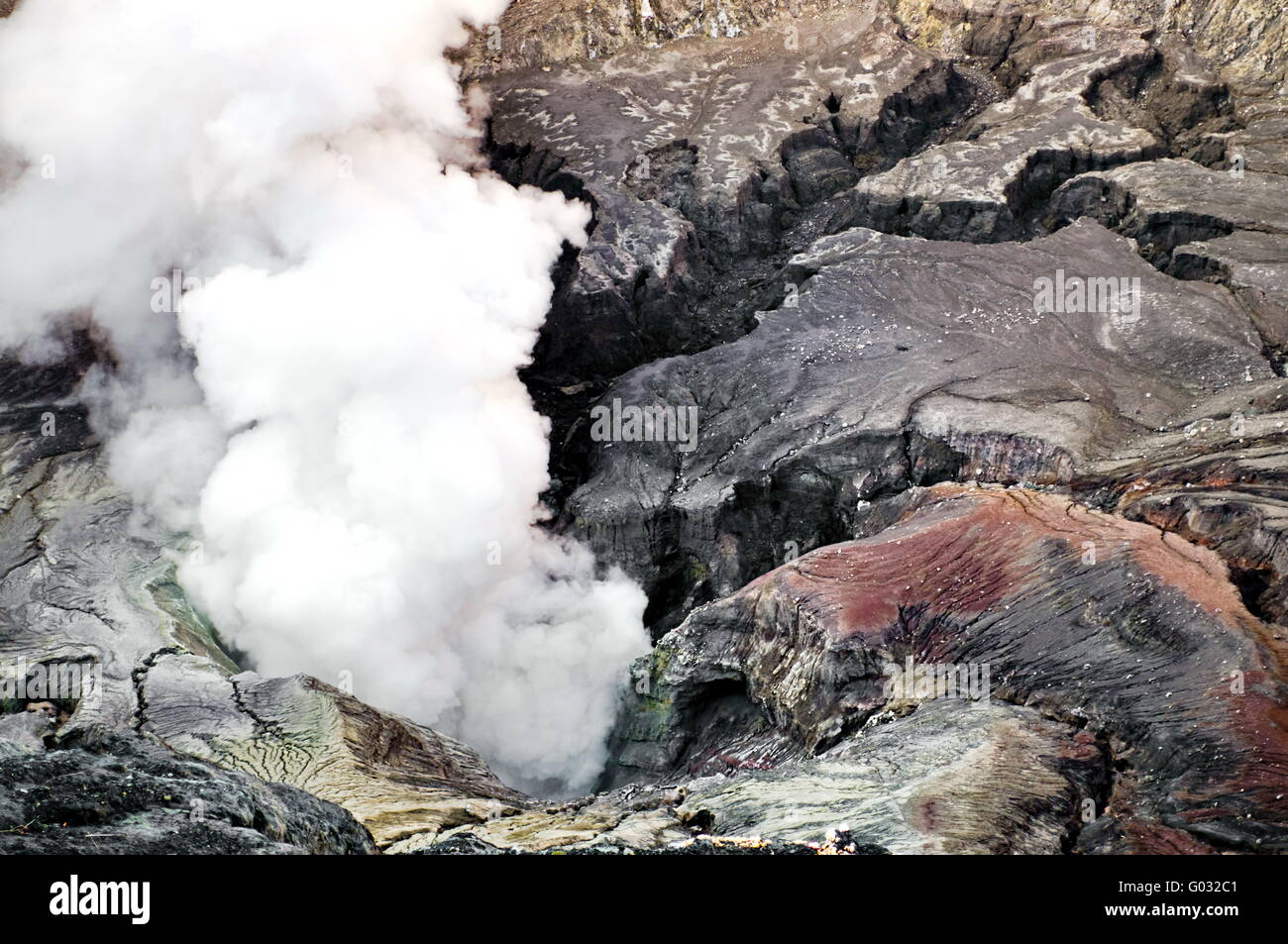 Smoking crater detail in Indonesian volcano Bromo Stock Photo