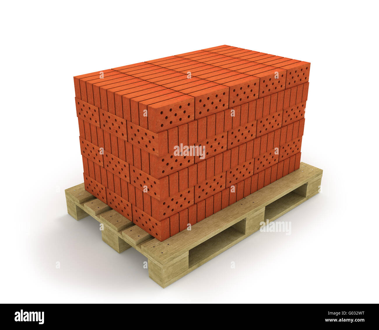 Stack of orange bricks on pallet, isolated on whit Stock Photo