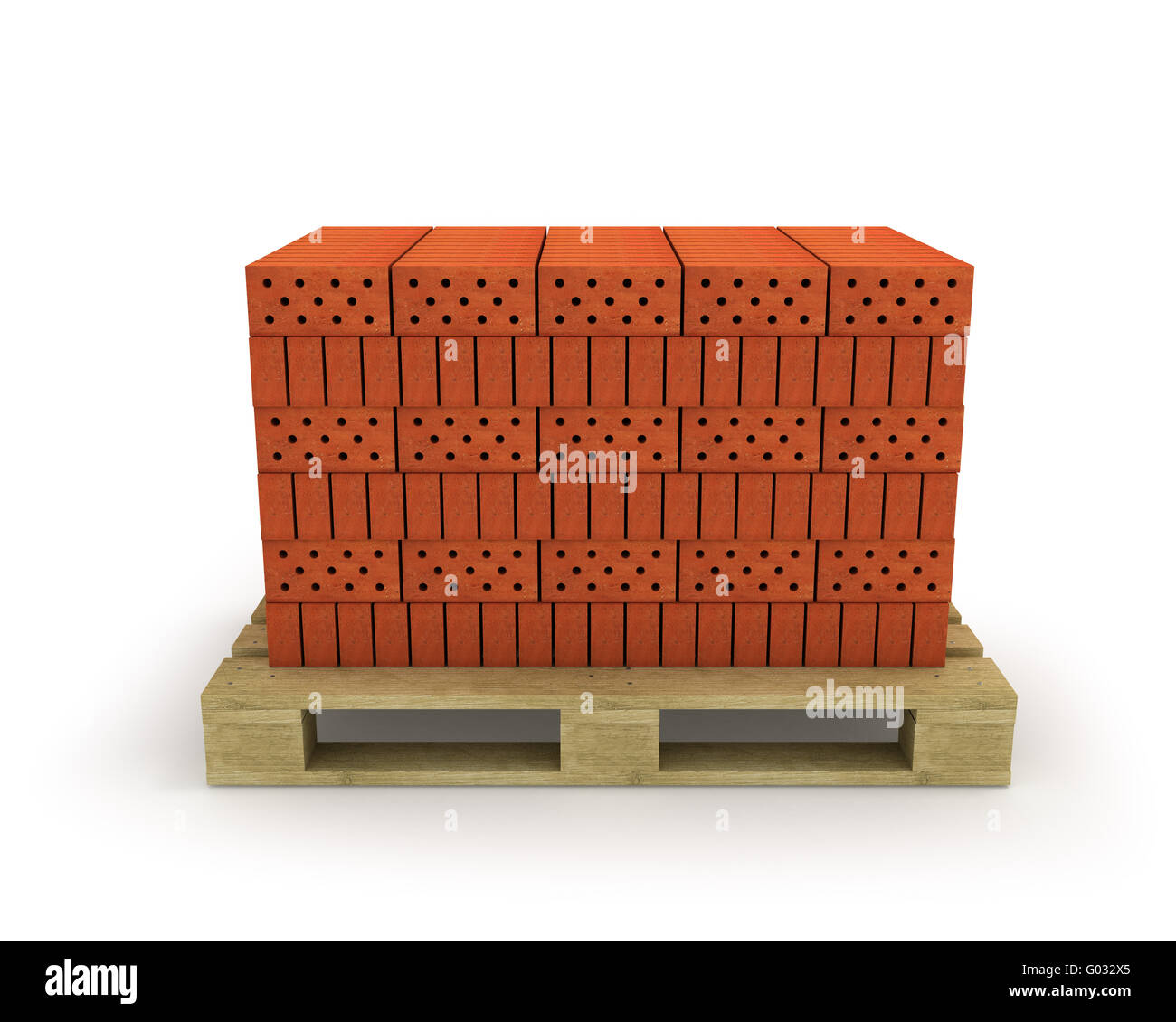 Stack of orange bricks on pallet, isolated on whit Stock Photo