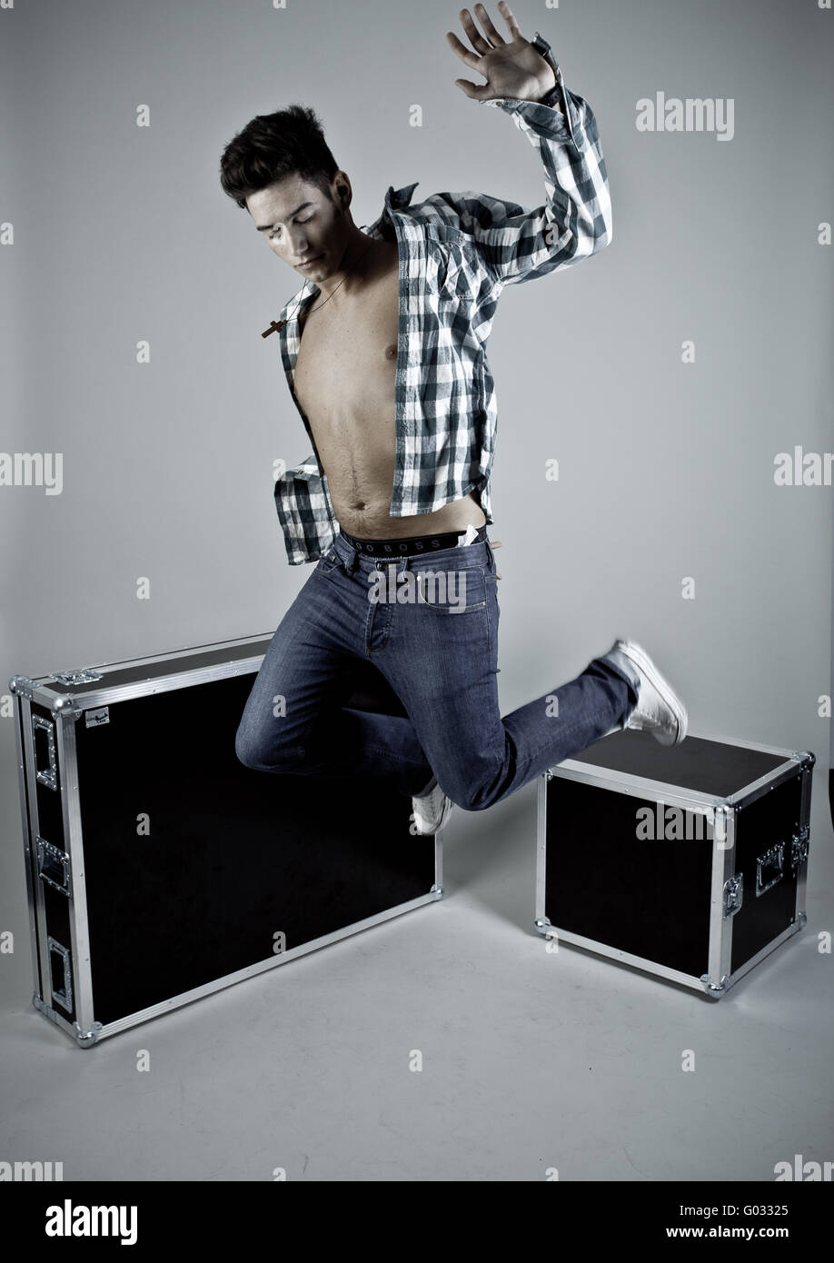 jump modeling, in actions, high five Stock Photo