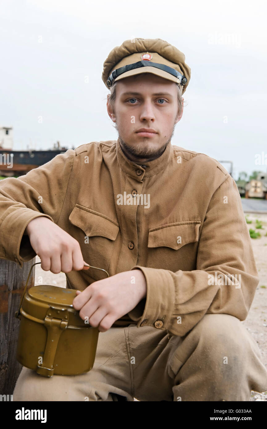 Soldier with boiler in retro style picture Stock Photo